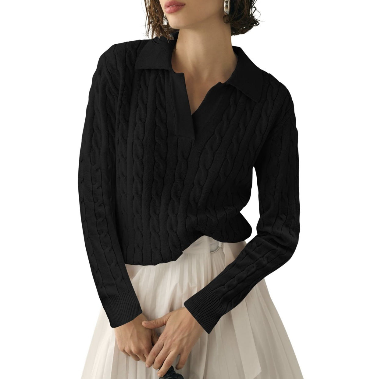 Damen Poloshirt Strickmuster Kontrastfarben Elegant