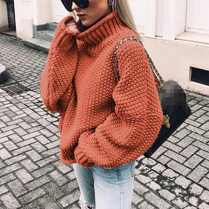 Damen Pullover Grobstrick Stehkragen Oversized Ärmel