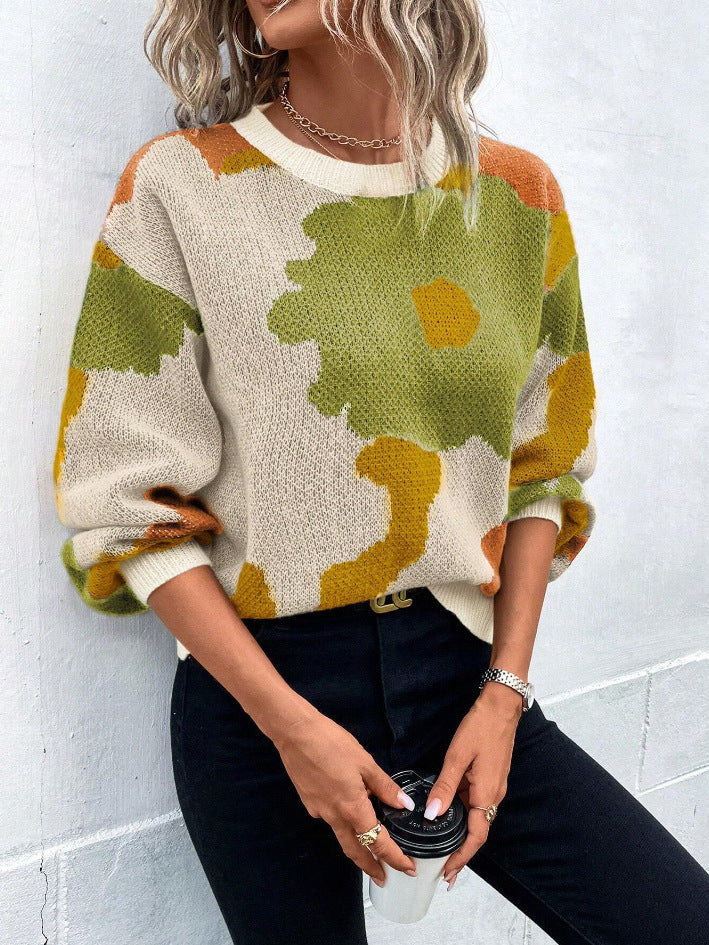 Gemusterte Strickpulli Lockere Passform Rundhals
