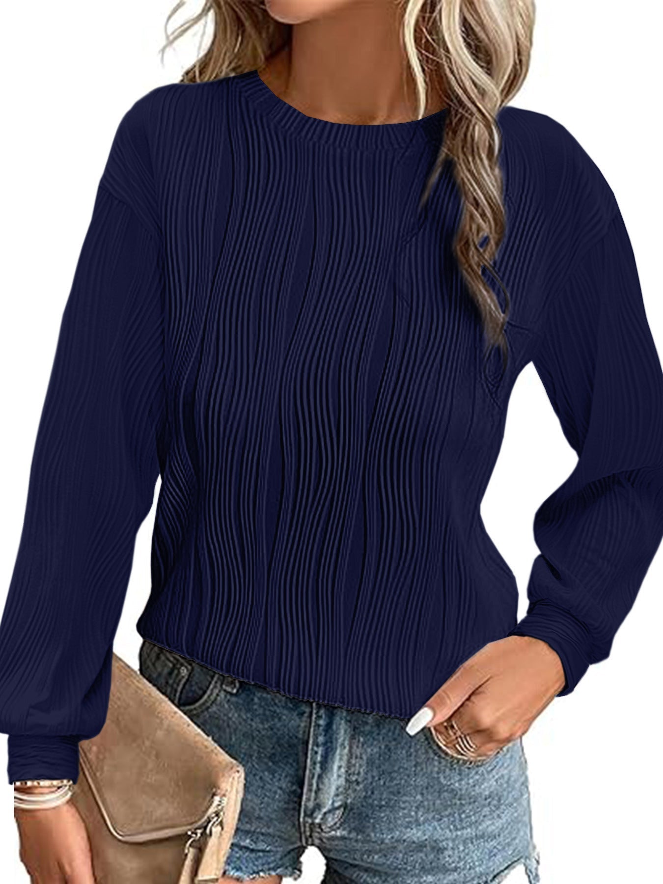 Damen Plisseepullover Langarm Elegant