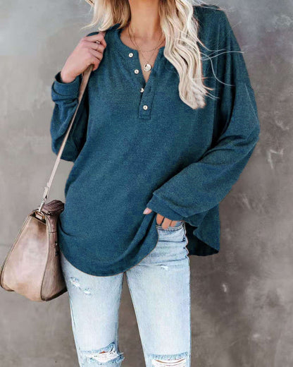 Damen Langarmshirt Lässig Knopf Detail Oberteil
