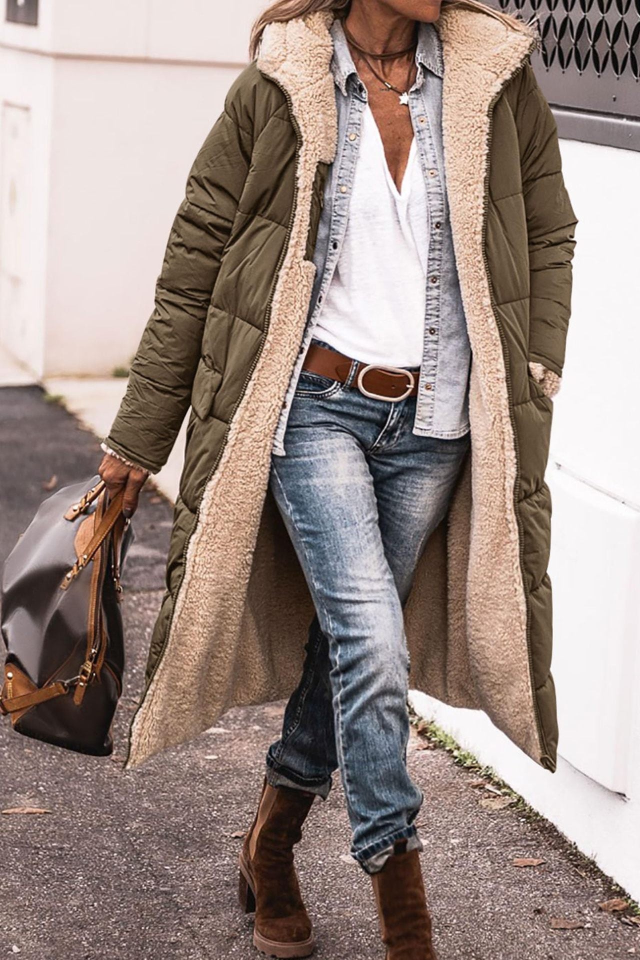 Damen Steppjacke Lang Kuschelig Fleece Winterjacke