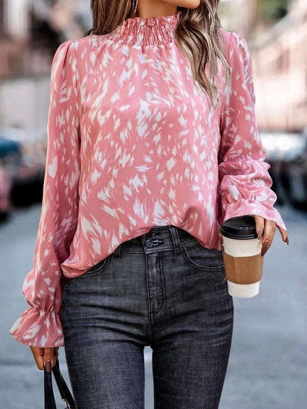 Damen Bluse Elegant Tiermuster Rüschenkragen