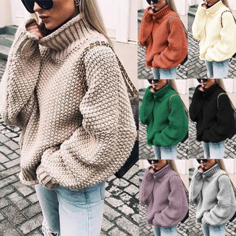 Damen Pullover Grobstrick Stehkragen Oversized Ärmel - IdealeKleiden