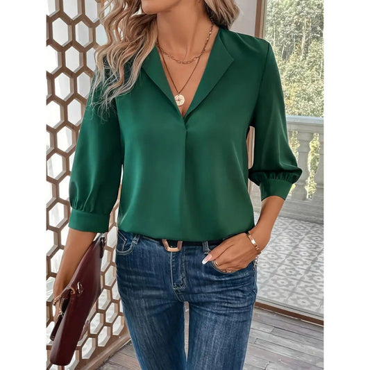 Damenbluse Elegantes Design V-Ausschnitt 3/4 Ärmel - IdealeKleiden