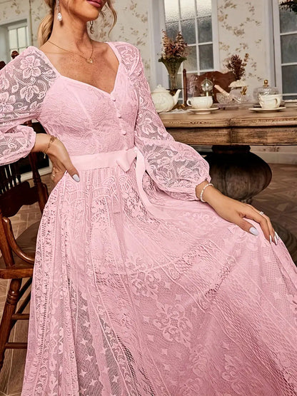 Damen Kleid Elegant Spitze Puffärmel Taillenkleid