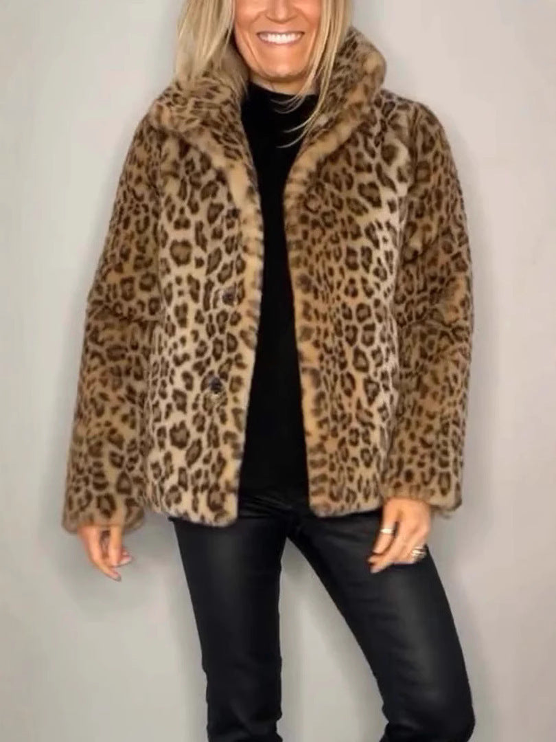Mantel Damen Oversized Kunstpelz Leopardenmuster