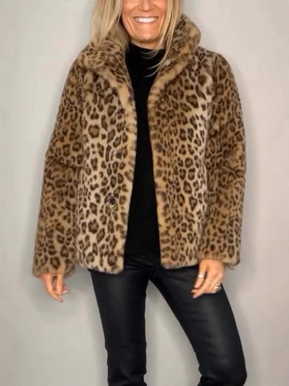 Mantel Damen Oversized Kunstpelz Leopardenmuster