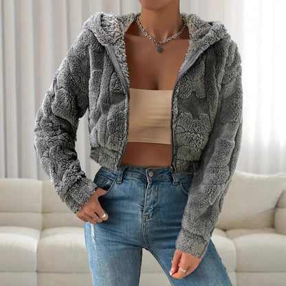 Damen Fleecejacke Warm Kapuze Reißverschluss - IdealeKleiden