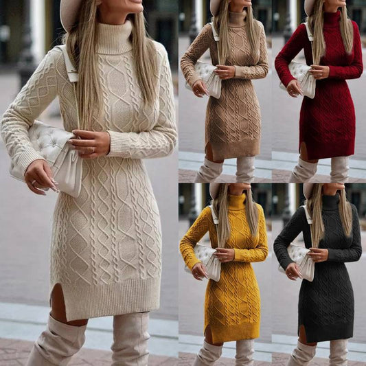 Damen Strickkleid Elegant Rollkragen Lang - IdealeKleiden