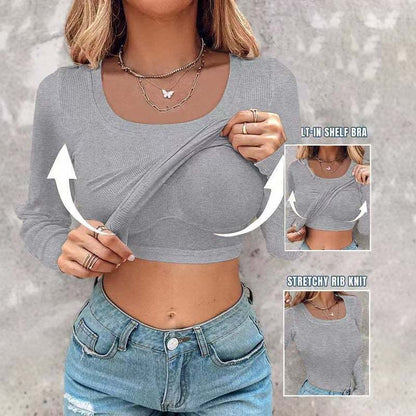 Damen Crop Top Langarm BH Einlage Stretch