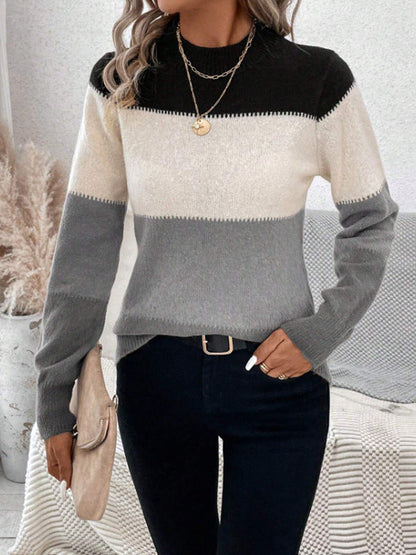 Damen Strickpullover Trendig Blockstreifen Hoher Kragen