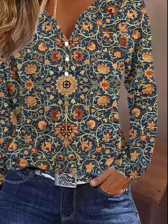 Damen Langarmshirt Elegant Farbverlauf Knöpfe