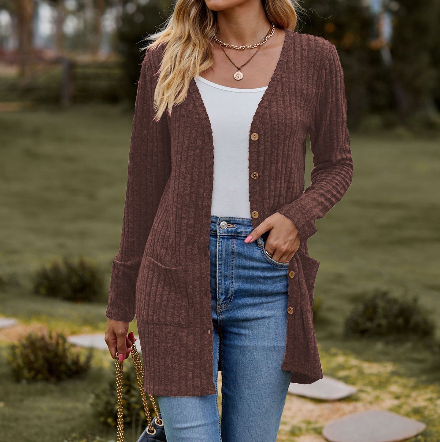 Damen Strickjacke Kuschelweich Mit Taschen Rippmuster