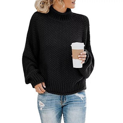 Damen Pullover Grobstrick Stehkragen Oversized Ärmel