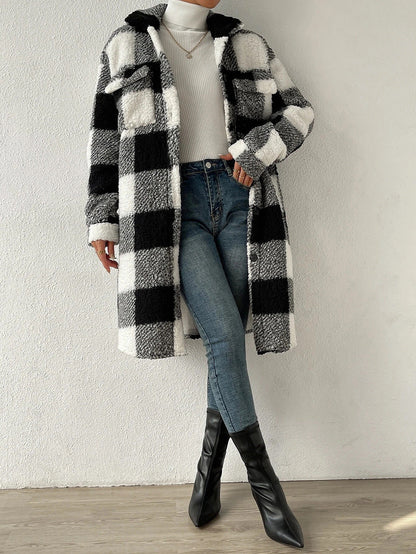 Warmes Karo Teddyjacke Damen Mantel - IdealeKleiden