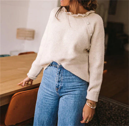 Damen Pullover Wollstrick Rüschenkragen Lockere Passform