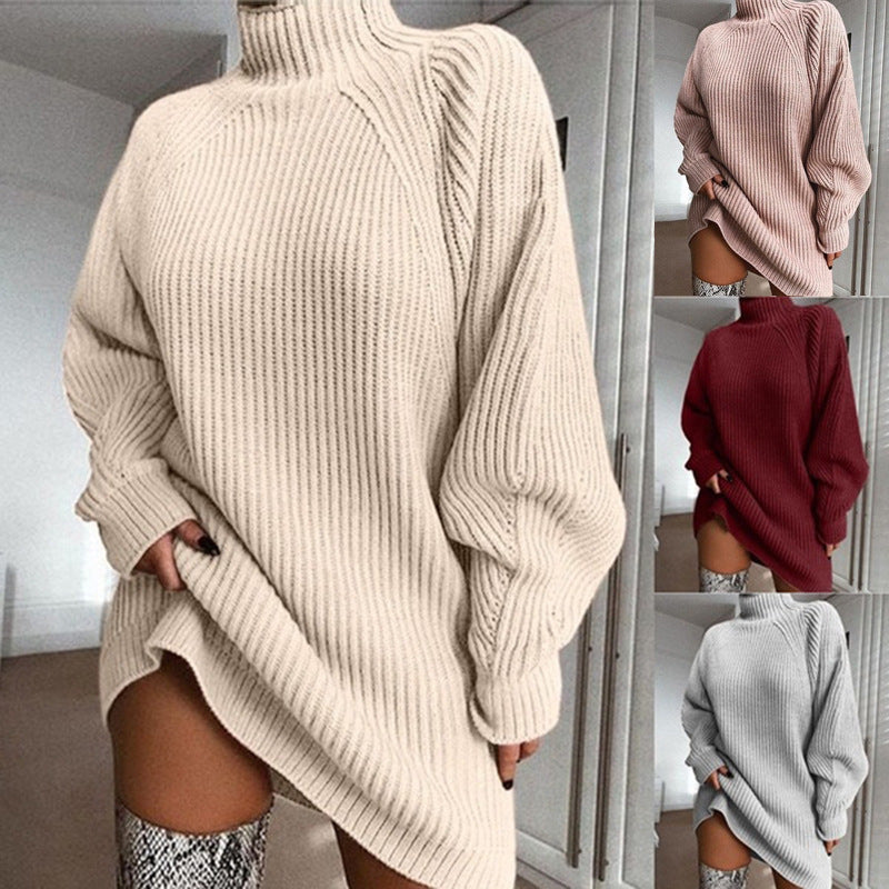 Damen Pullover Grobstrick Hochkragen Asymmetrisch - IdealeKleiden