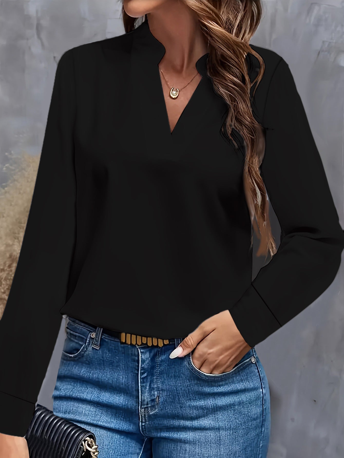 Elegante Damenbluse Stehkragen Langärmlig