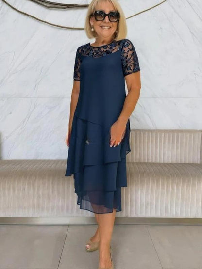 Elegantes Damenkleid Spitze Ärmel Asymmetrisch