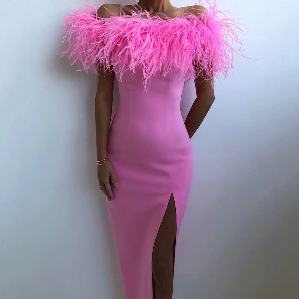 Elegantes Abendkleid mit Federspitze und figurbetontem Schnitt