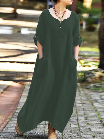 Damen Maxikleid Lässig mit Taschen und Knöpfen