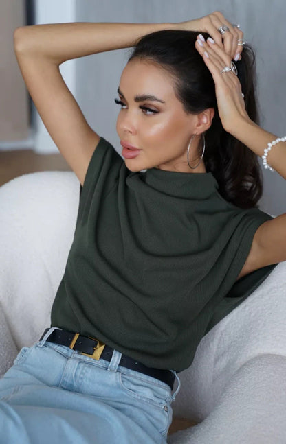 Damen Top Kurzarm Elegant Hochkragen