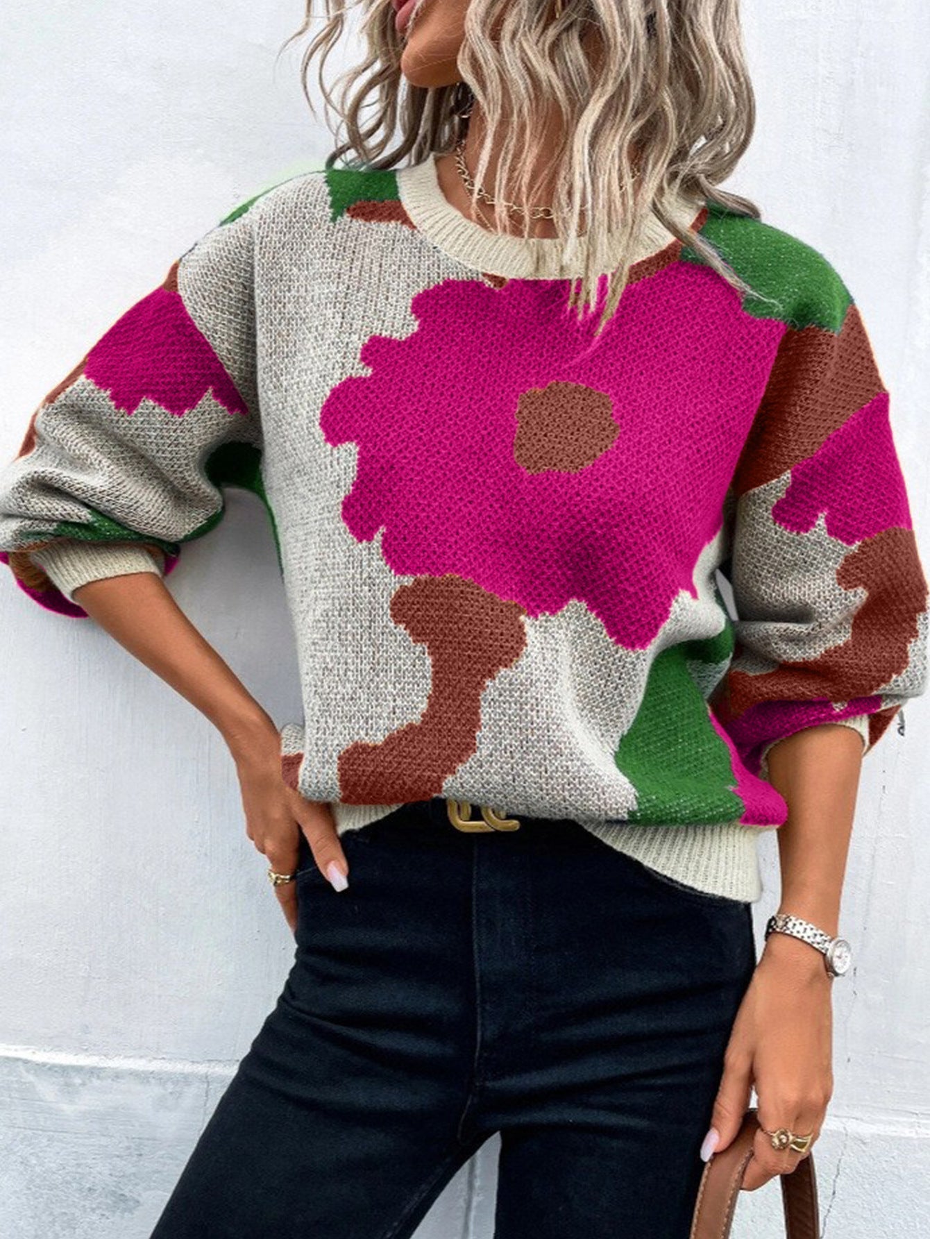 Gemusterte Strickpulli Lockere Passform Rundhals - IdealeKleiden