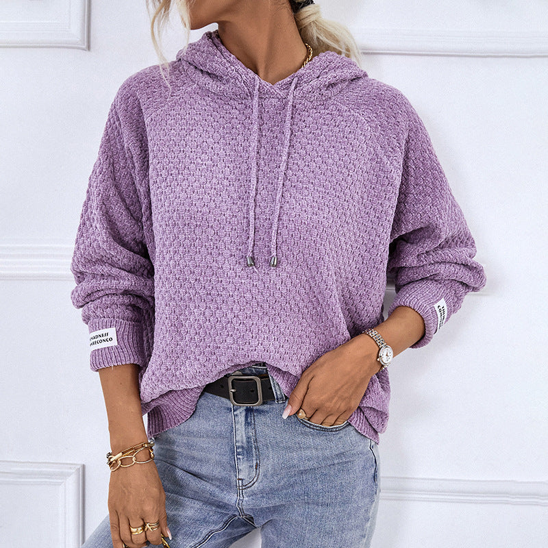 Damen Strickpullover Kapuze Kordelzug Modern
