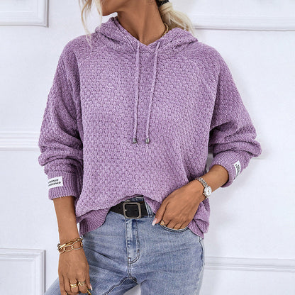 Damen Strickpullover Kapuze Kordelzug Modern