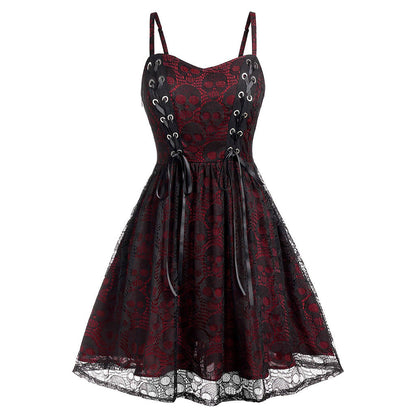 Damen Skaterkleid Elegant Spitze Schnürung
