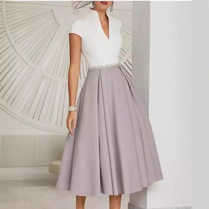 Elegantes Damenkleid Hochgeschlossener Kragen Schwingrock - IdealeKleiden