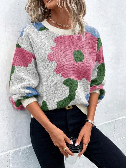 Gemusterte Strickpulli Lockere Passform Rundhals