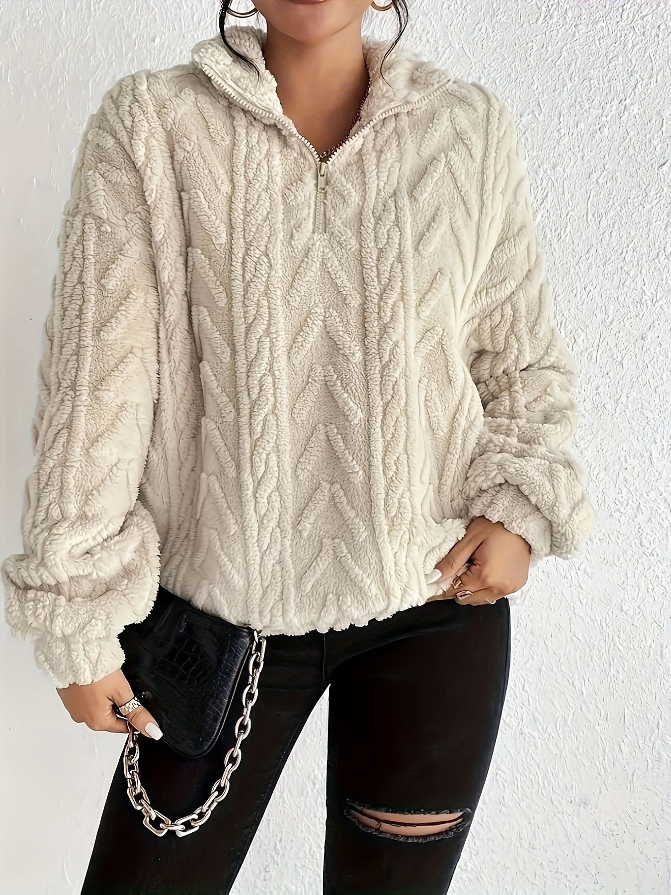 Damen Pullover Weich Fleece Hochkragen Modern