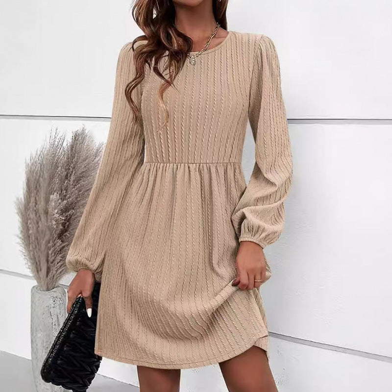 Damen Kleid Langarm Plissee Elegant Casual