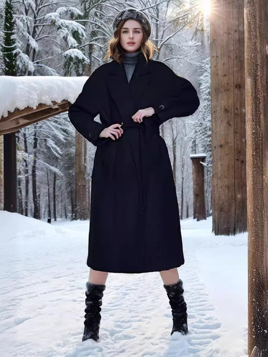 Damen Wollmantel Elegant Weit Ärmel Gürtel