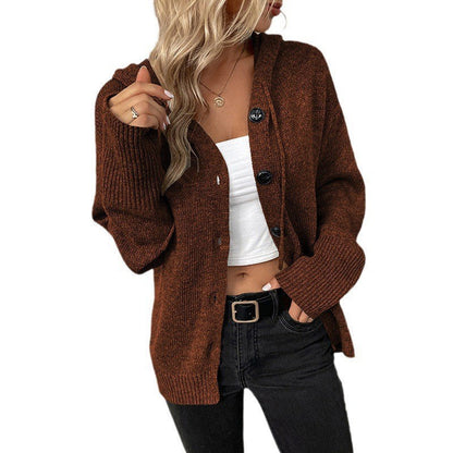 Damen Strickjacke Kapuze Knopf Vintage Stil