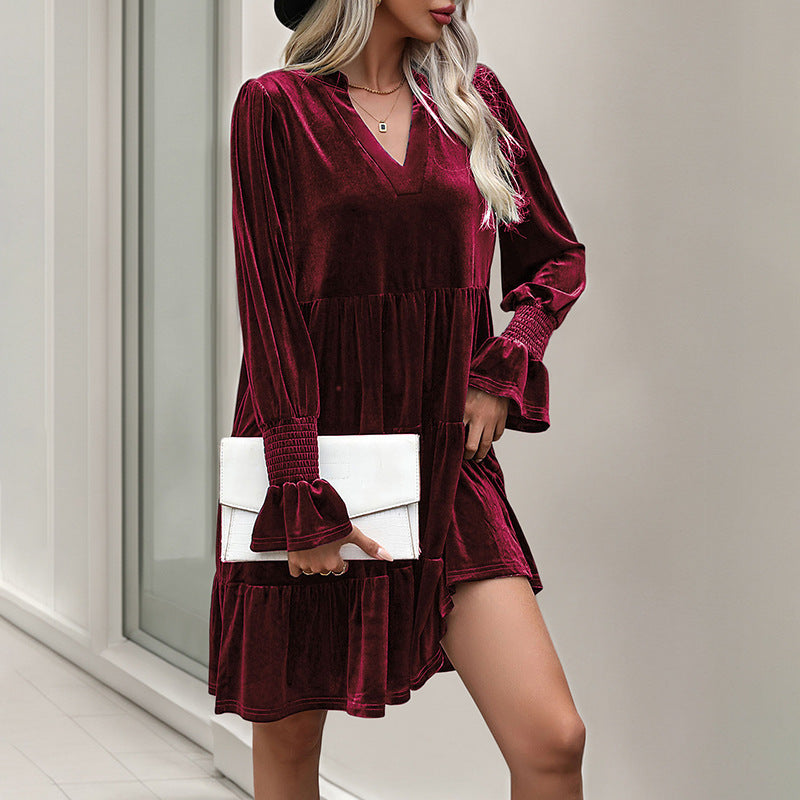 Damen Velvet-Kleid Elegantes Rüschen-Design V-Ausschnitt