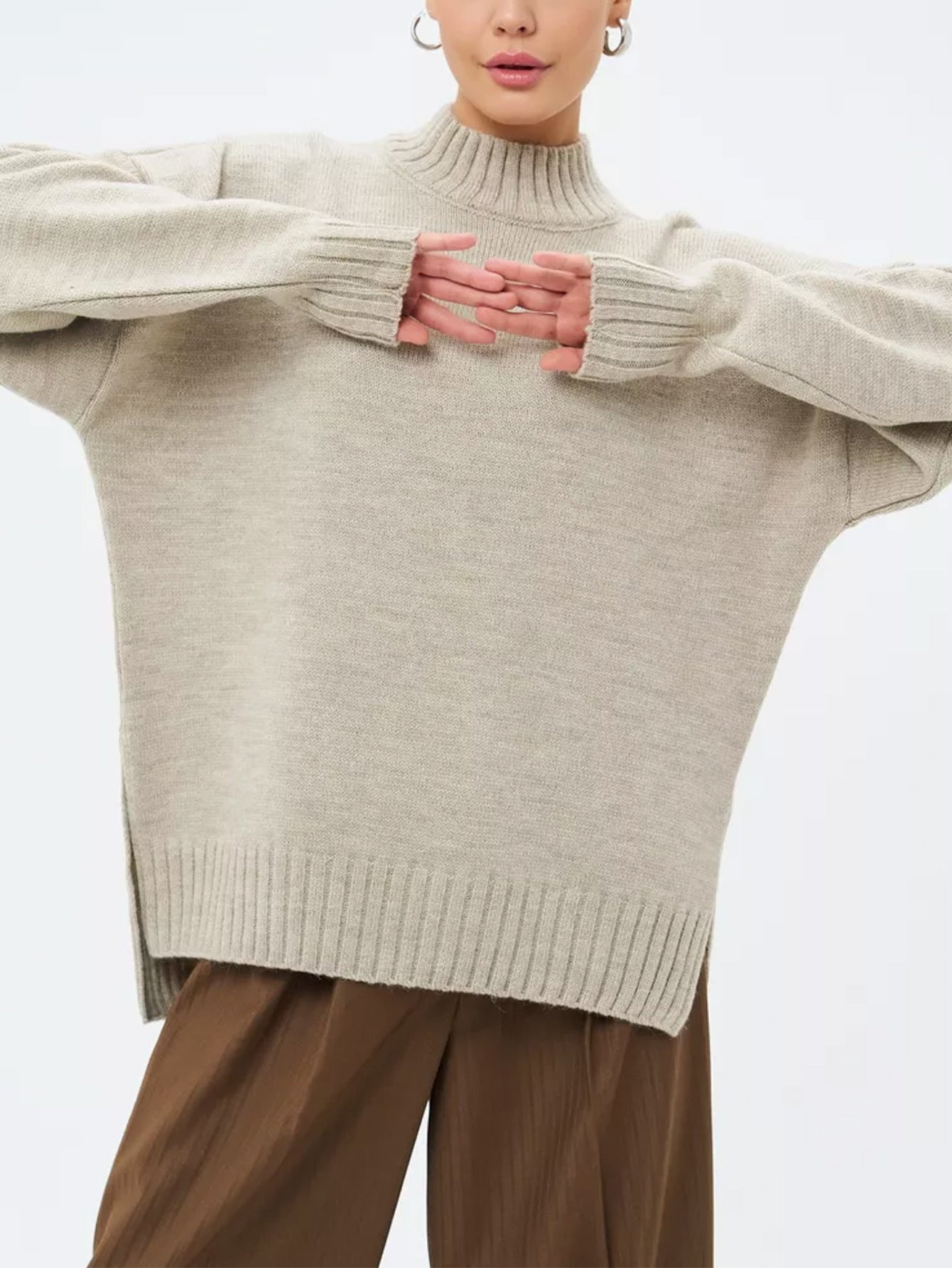 Übergrößer Pullover Gerippt Semi Hoher Kragen