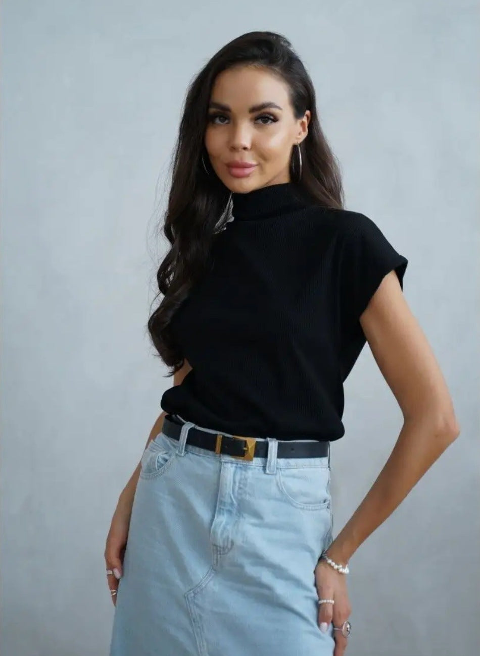 Damen Top Kurzarm Elegant Hochkragen