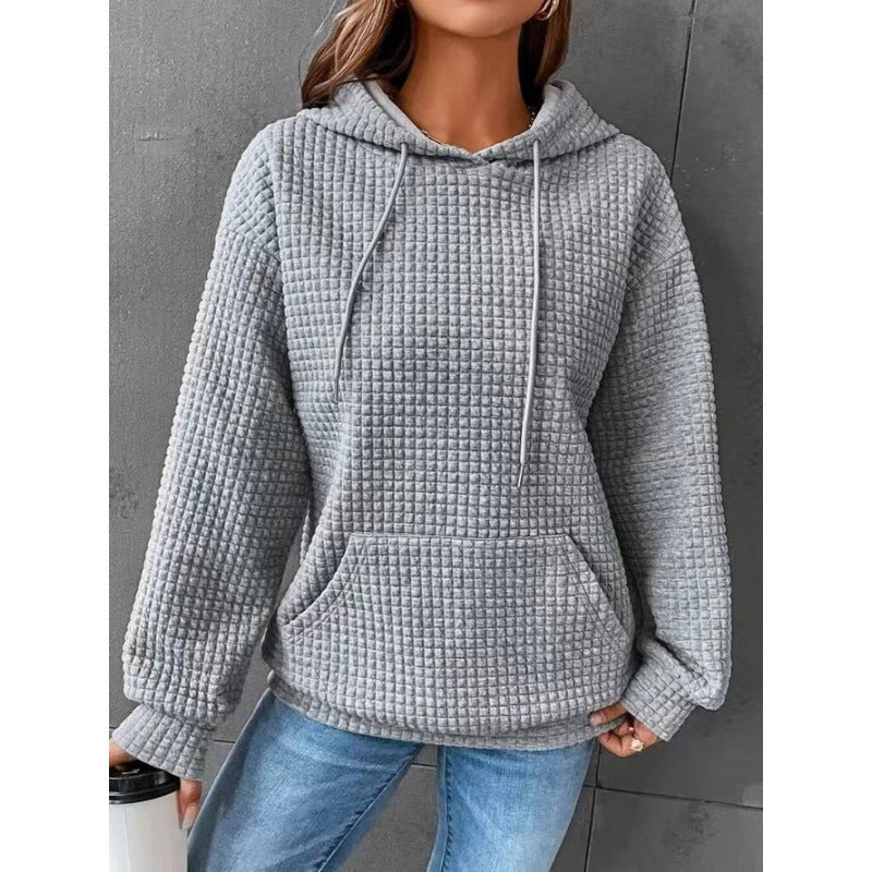 Damen Pullover Waffel Optik Kapuzenjacke Mit Tasche