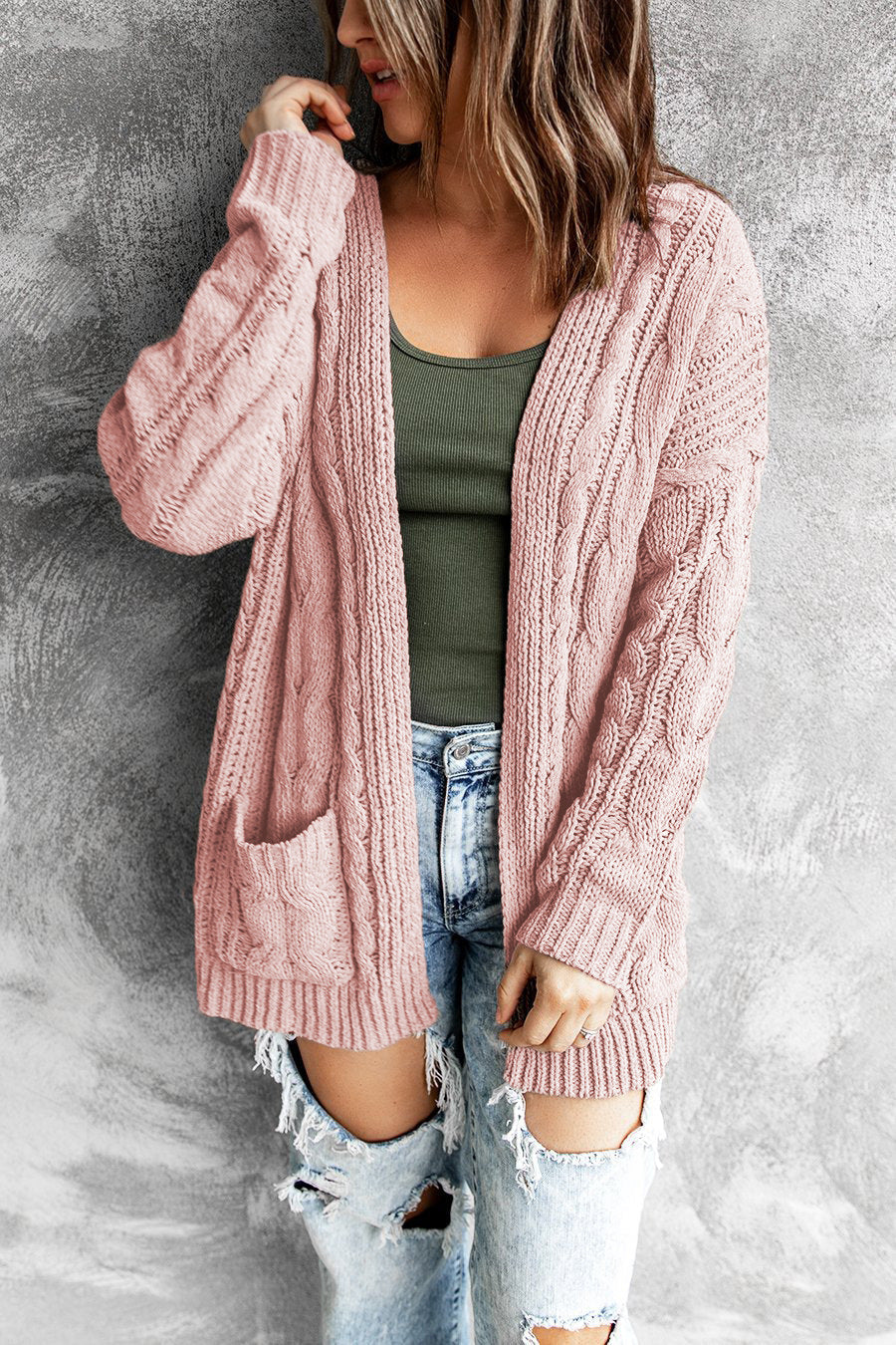 Damen Strickjacke Oversized Ärmel und Tieftaschen