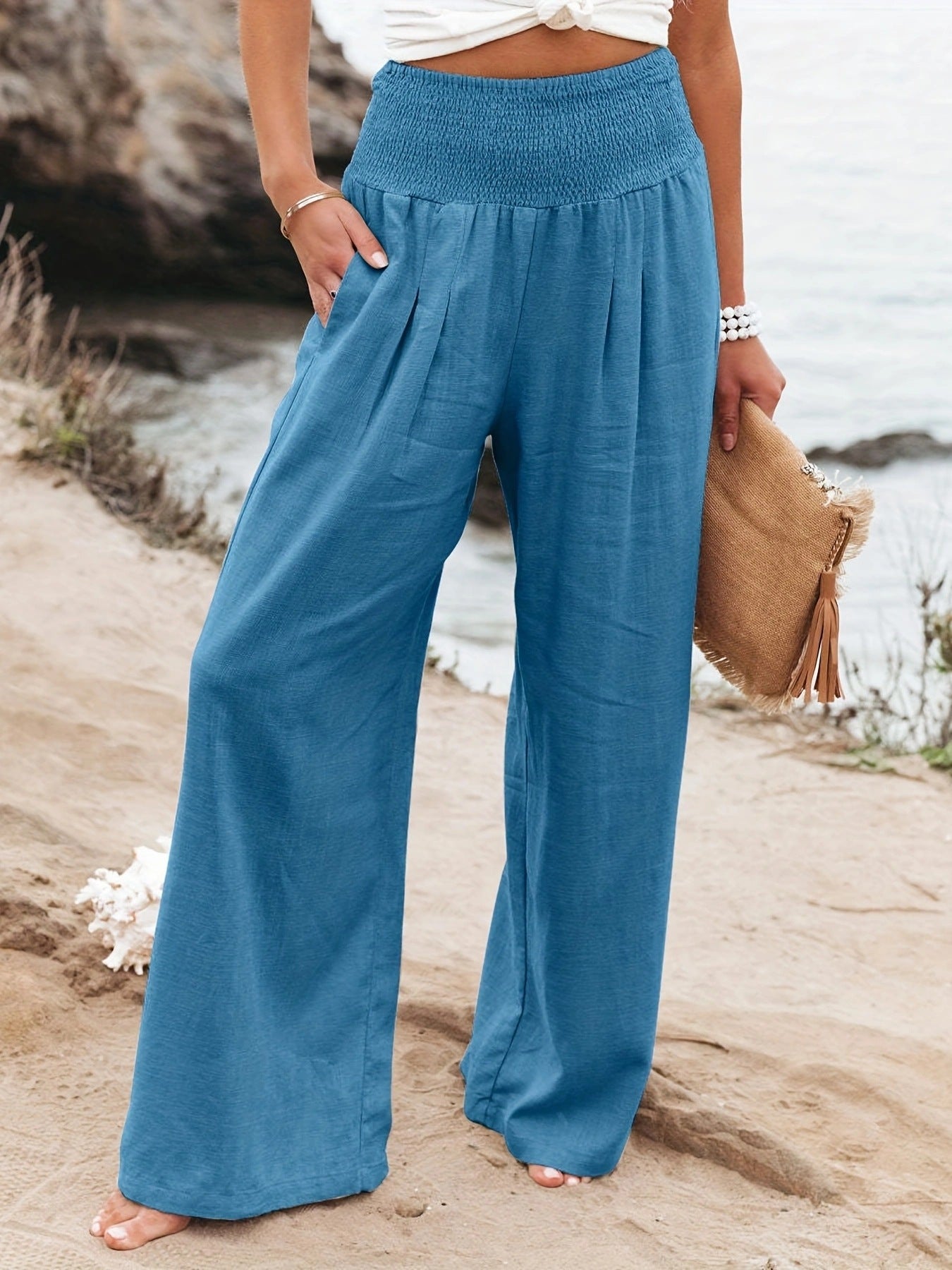 Damen Leinenhose Weit Bequem Faltenrock Effekt
