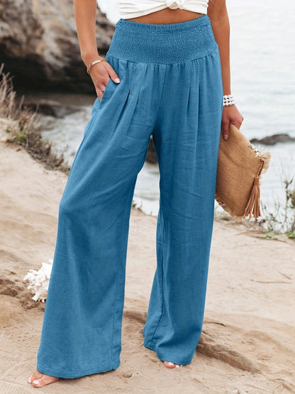 Damen Leinenhose Weit Bequem Faltenrock Effekt