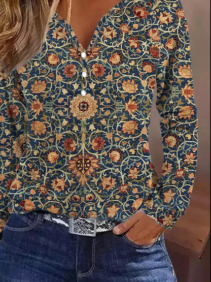 Damen Langarmshirt Elegant Farbverlauf Knöpfe - IdealeKleiden