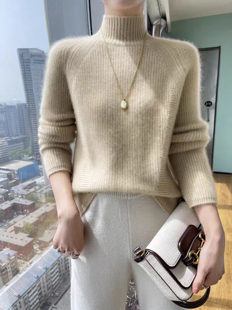 Damen Pullover Langarm Feine Rippstruktur Hochkragen