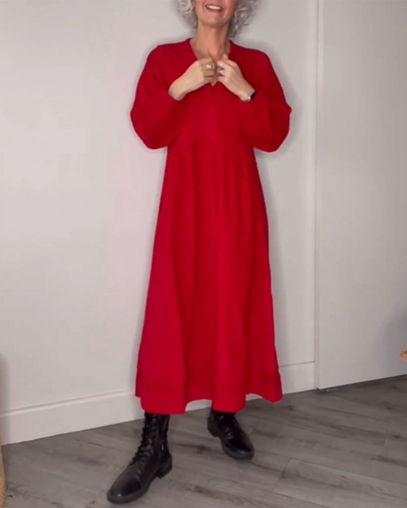 Damen Maxikleid Elegant V-Ausschnitt Langärmlig