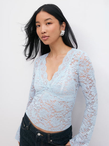 Damen Spitzen-Oberteil V-Ausschnitt Elegantes Design