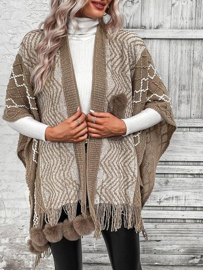 Übergrößer Cardigan Cape Schal mit Fransen V-Ausschnitt Boho Look