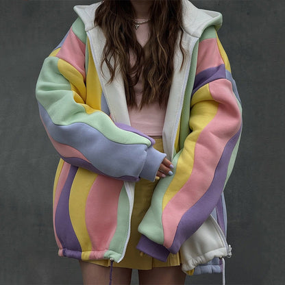Damen Oversized Jacke Wellenmuster Trendy Kapuze